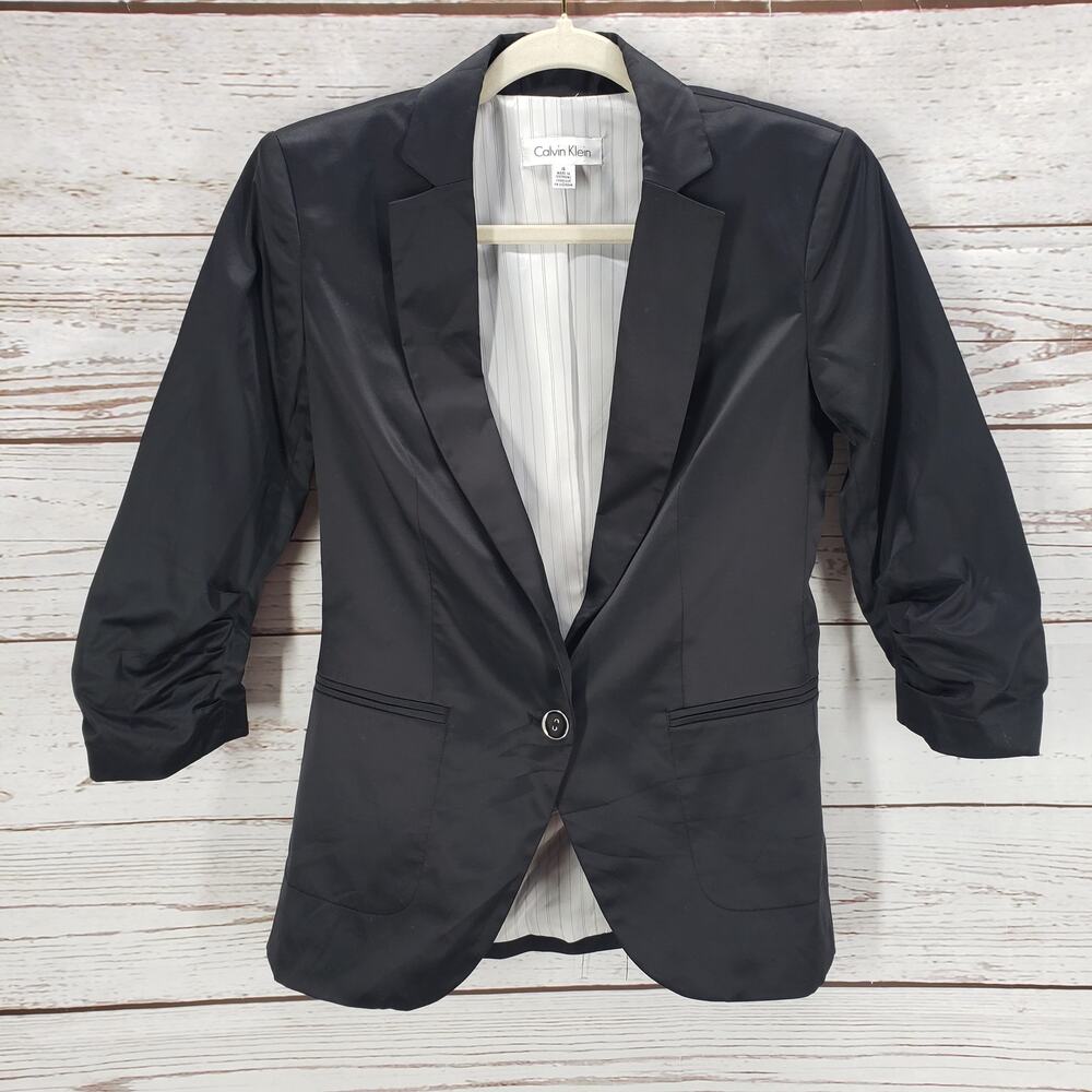 Calvin Klein Women's Black Single Front Button Ruched Blazer Jacket Size 4